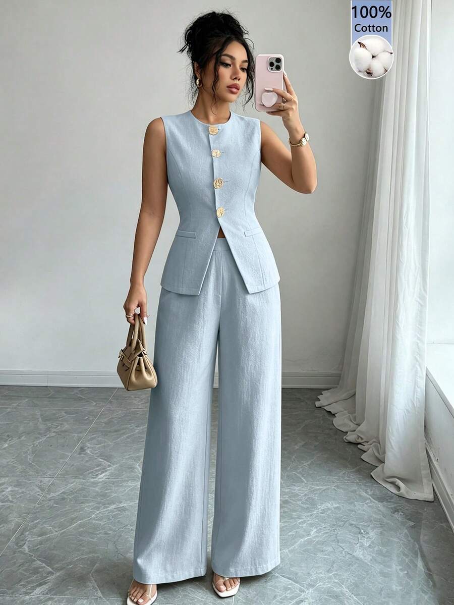 SHEIN Raffinéa Bộ vest nữ thanh lịch kiểu Pháp, thích hợp cho kỳ nghỉ và đi làm, họa tiết hoa vàng, cài khuy. - Màu xanh lam - Xem 1