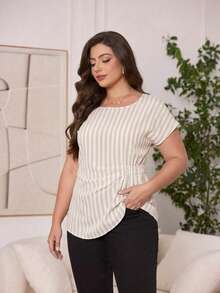 Reflora Camisa de manga corta de cuello redondo con estampado de rayas en color albaricoque, elegante y casual, para mujer de talla grande, para verano - Blanco - Ver 4