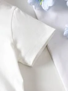 SHEIN 2件套女婴幼儿/新生儿0-3岁春夏休闲日常香肠狗图案圆领T恤+粉色条纹短裤套装 - 深色水洗藍 - 查看 6