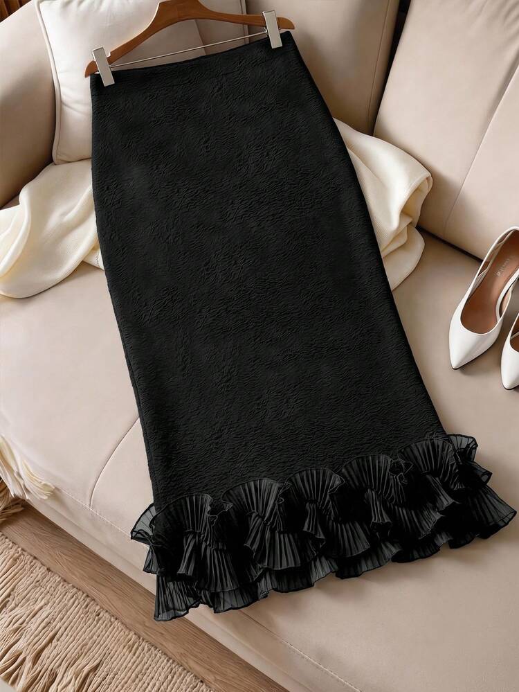 Women's Elegant Solid Color Patchwork Pleated Ruffle Hem Slim Pencil Skirt