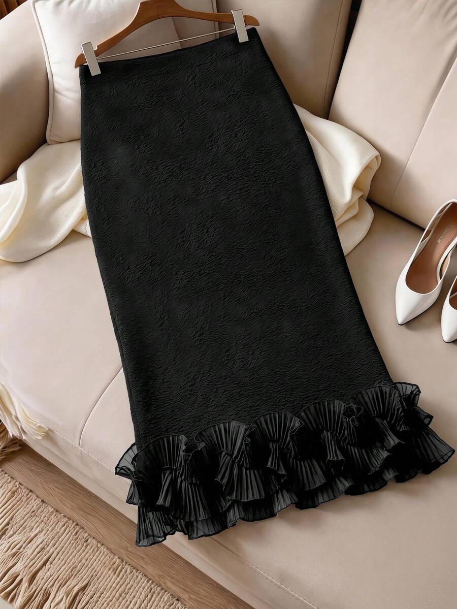 Miaspire Women's Elegant Solid Color Patchwork Pleated Ruffle Hem Slim Pencil Skirt - Black - View 1