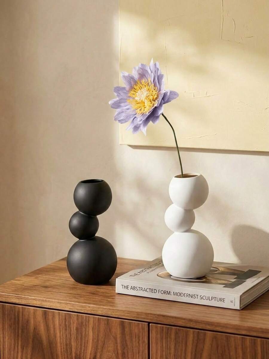 Cirelle 1 pieza Jarrón cerámico esférico moderno en blanco y negro, utilizado para decoración de bolas suaves, adorno cerámico, arreglo floral hidropónico, soporte para flores secas, decoración de jarrón de interior, ornamento de mesa para manualidades y soporte de TV, muy adecuado para decoración del hogar, apto para sala de estar, dormitorio, estudio, oficina y otras ocasiones - Jarrón mate - Ver 1
