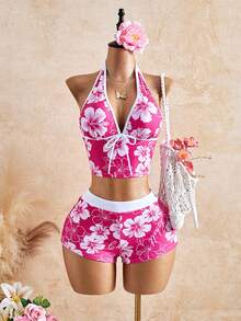 Bellisia Bộ đồ hai mảnh phối màu họa tiết hoa gợi cảm dành cho nữ, phù hợp cho các lễ hội âm nhạc châu Âu và Mỹ, tiệc bãi biển mùa xuân/hè, trang phục nghỉ hè táo bạo và phá cách. - Hồng - Xem 1