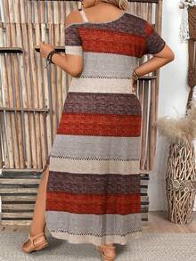 Breezaya Plus Size Women's Casual Boho Leaf Print Asymmetric Neck Side Slit Pocket Dress, Summer Loose Holiday Style Long Dress Holiday Vacation Beige - Multicolor - View 2