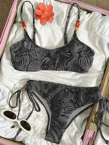 Swim Mod Women's Casual Vacation Beach Plant Print Bikini Two Pieces Swimwear - Black - View 3