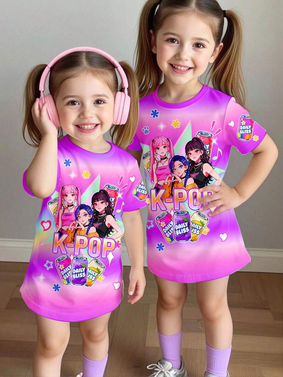 SHEIN Baby Girls Purple Summer Y2k Birthday Cartoon Girl Short Sleeve Dress,K-Pop Superstars Gradient Pattern Round Neck Casual Loose Dress,Korean Style - Multicolor - View 1