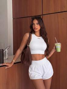 WanderVale 2pcs Women Solid Color Casual Yoga Fitness Running Sports Vest And Shorts Set - White - View 6