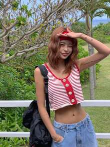DAZY 撞色条纹露脐休闲夏季针织上衣，女士可爱上衣 - 紅色 - 查看 4