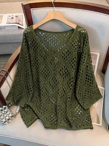 SHEIN PETITE CURVE Plus Size Women Hollow Out Sun Protection Blouse, Spring/Autumn - Dark Green - View 3