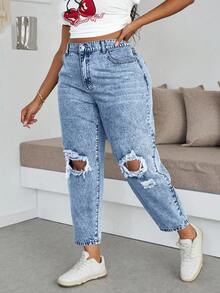 Dripcurv Quần jeans nữ cỡ lớn cạp cao, có túi, kiểu dáng thường ngày, rách nhẹ. - Rửa nhẹ - Xem 4