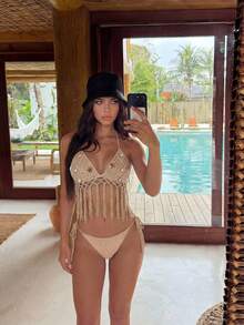 Swim Vcay 女士性感度假贝壳装饰流苏下摆露背吊带罩衫 - 杏色 - 查看 3