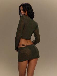 TypaGal Women's Summer Bikini Cover-Up Beach Night Out Vacation Club Knitted Long-Sleeved Cardigan Tie-Up Y2k Sexy Casual Olive Green - Green - View 2