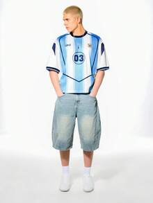 SUMWON Retro Soccer World Cup Jersey Style Short Sleeve Crew Neck T-Shirt Number Print Logo Details - Blue and White - View 3