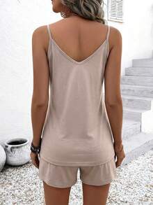 EMERY ROSE Women's Solid Color Camisole And Shorts Casual 2 Pieces Set - Khaki - View 2