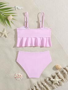 SHEIN 两件套可爱纯色女童泳衣，适合海滩度假，粉色花朵图案，适合7-9岁女孩，比基尼套装，两件式沙滩装，女童两件式泳衣，两件式泳装，女童花朵泳衣 - 粉色 - 查看 2