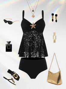 Swim Lushoire Women's Summer Holiday Beach Pool Party Vacation Outfit, Knitted Lace Thick Strap Crop Top Starfish Decor High Waist Triangle Tankini Set Black Sexy - Black - View 2