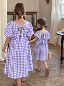 LMoss Kids 女童格纹方领泡泡袖修身连衣裙 - 紫色 - 查看 5