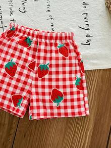 SHEIN LMoss Kids Bộ đồ thường ngày cho bé gái: áo và quần short kẻ caro in hình dâu tây, kiểu dáng thường ngày, có bèo nhún. - Nhiều màu - Xem 3