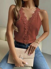 EMERY ROSE Women's Elegant V-Neck Sleeveless Top With Decorative Applique - Redwood - View 6
