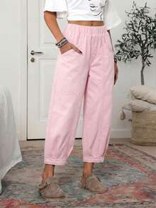 EMERY ROSE Women's Casual Solid Color Elastic Waist Big Pocket Jeans - Pink - View 6