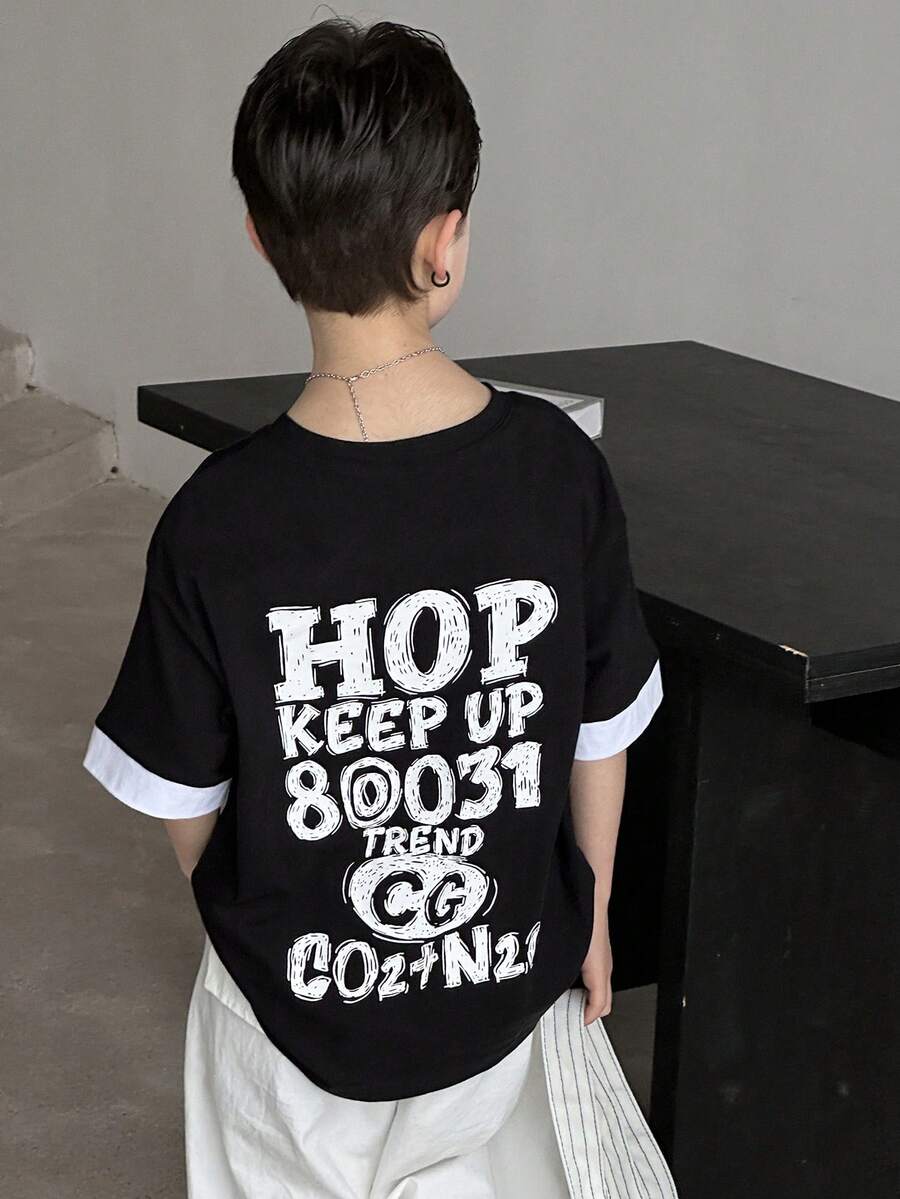 Dazy Kids Áo thun ngắn tay cổ tròn in chữ dành cho bé trai tuổi teen, kiểu dáng thường ngày. - màu đen - Xem 1