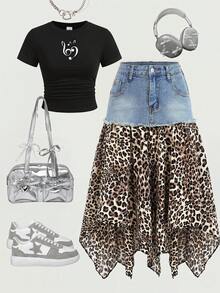 Teen Girl Retro Blue Denim Patchwork Leopard Print Asymmetrical Midi Skirt Casual Festival Beach Graduation Ceremony Vacation Comfortable Casual Festival Beach Vacation Comfortable Y2K Summer Light Washed Long Denim Skirt - Blue - View 3
