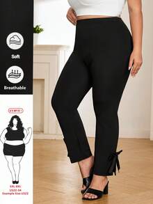 SHEIN CURVE+ Plus Size Women's Autumn Pants, Bowknot Hem, High Stretch Fabric, Wedding Wedding Guest Season Black Elegant - Black - View 10