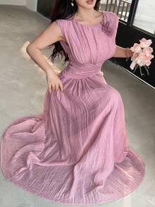 Feyla New Arrival Waist Ruched 3D Floral Elegant Romantic Vacation Dress - Dusty Pink - View 5