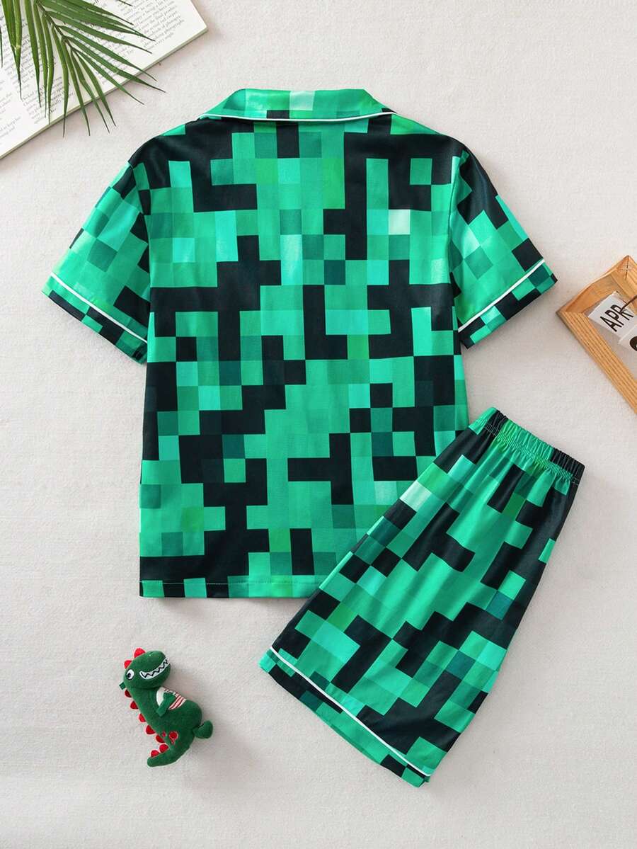 男童阻燃印花 Polo 领开衫,白色滚边,藏蓝色底色,红色人头和星星图案,短袖带胸袋;松紧腰短裤,睡衣套装 - 軍綠色 - 查看 1