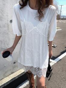 DAZY Vestido de mujer de 2 en 1 con mangas cortas y parches de encaje - Blanco - Ver 5