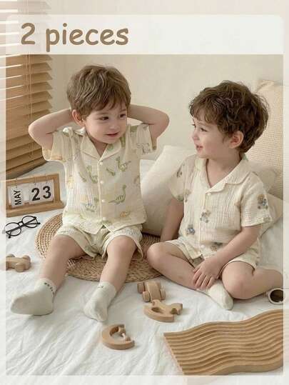 2pcs/Set Woven Cotton Cute Dinosaur Pattern Soft Comfortable Cardigan Short Sleeve Top And Shorts Set, Best Gift For Baby Boys, Suitable For Casual Wear