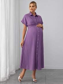 SHEIN Zanzea Maternity Purple Summer Casual Elegant Maternity Dress For Women, Solid Color Twist Ruched Pleated Photoshoot Dresses For Vacation - Mauve Purple - View 4