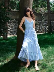Lumivelle Women's New V-Neck Sleeveless Blue And White Stripe Patchwork Dress, Casual Coastal Sexy Picnic Vacation Romantic Elegant Beach Holiday Summer - Blue - View 6