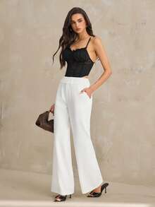 SHEIN Tall Women's Solid Color Pocket Flare Casual Elegant Pants, White Pant, Autumn, Clothes For Women, Tall Women Formal - White - View 6