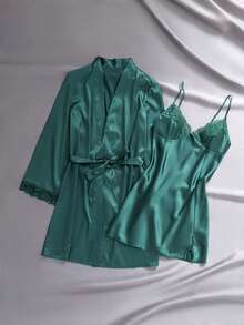EmpressEnvy Lace Trim Satin Fashion Cami Nightdress With Belted Robe Pajama Set, Fall Winter Clothes - Dark Green - View 1