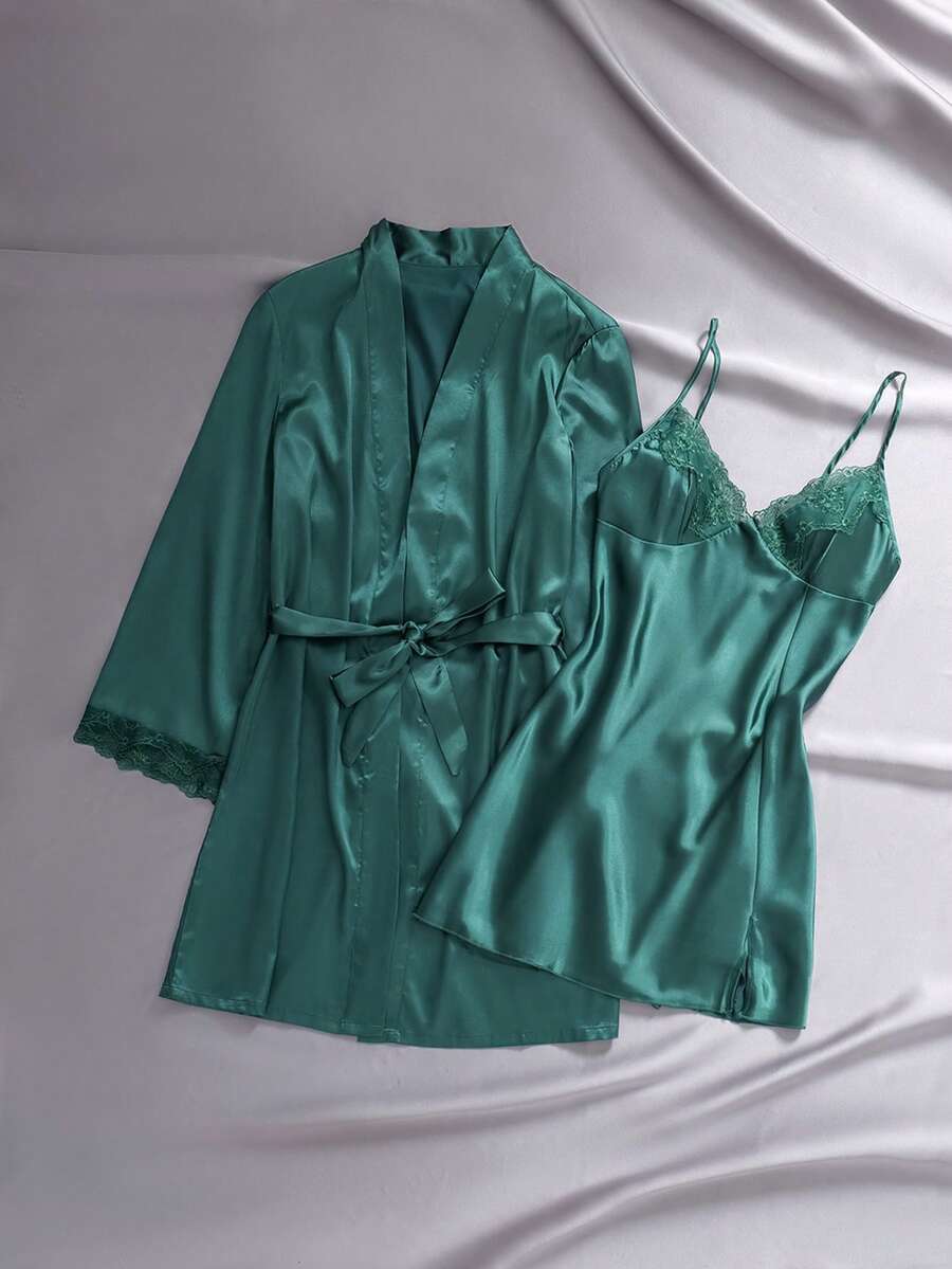 EmpressEnvy Lace Trim Satin Fashion Cami Nightdress With Belted Robe Pajama Set, Fall Winter Clothes - Dark Green - View 1