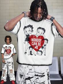 ROMWE MEN Betty Boop | ROMWE Camiseta de manga corta de cuello redondo con gráfico de retrato casual para hombre, de verano - Blanco - Ver 7