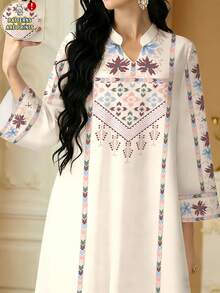 SHEIN Najma 女士花卉数码印花优雅长袖立领睡袍，春秋季 - 彩色 - 查看 1