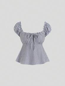 Sweetra 春夏时尚套装，法式甜美花瓣袖条纹衬衫和宽松直筒裤女式两件套 - 藏蓝色 - 查看 3
