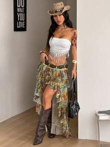 Coolane Váy xếp ly lưới màu trắng dáng bất đối xứng, phong cách hippie boho miền Tây dành cho nữ, thích hợp cho lễ hội âm nhạc mùa hè, phong cách Y2K Fairycore. - xanh quân đội - Xem 5