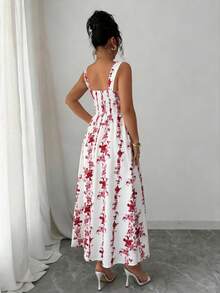 Elenzga Latest Spring & Summer Blue And White Floral Print Elegant Waist Shirred Dress, Suitable For Vacation And Work - Pink - View 2