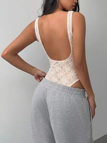 SHEIN BASICS Body de mujer con encaje, sin mangas y espalda descubierta - Blanco - Ver 1