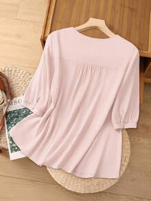 SHEIN LUNE Plus Size Solid Color Embroidered Casual Short Sleeve Shirt - Baby Pink - View 2
