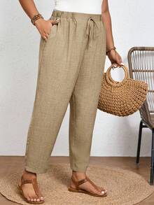 SHEIN Frenchy Pantalones casuales de unicolor de talla grande con cintura elástica y bolsillos en diagonal - Camel - Ver 1
