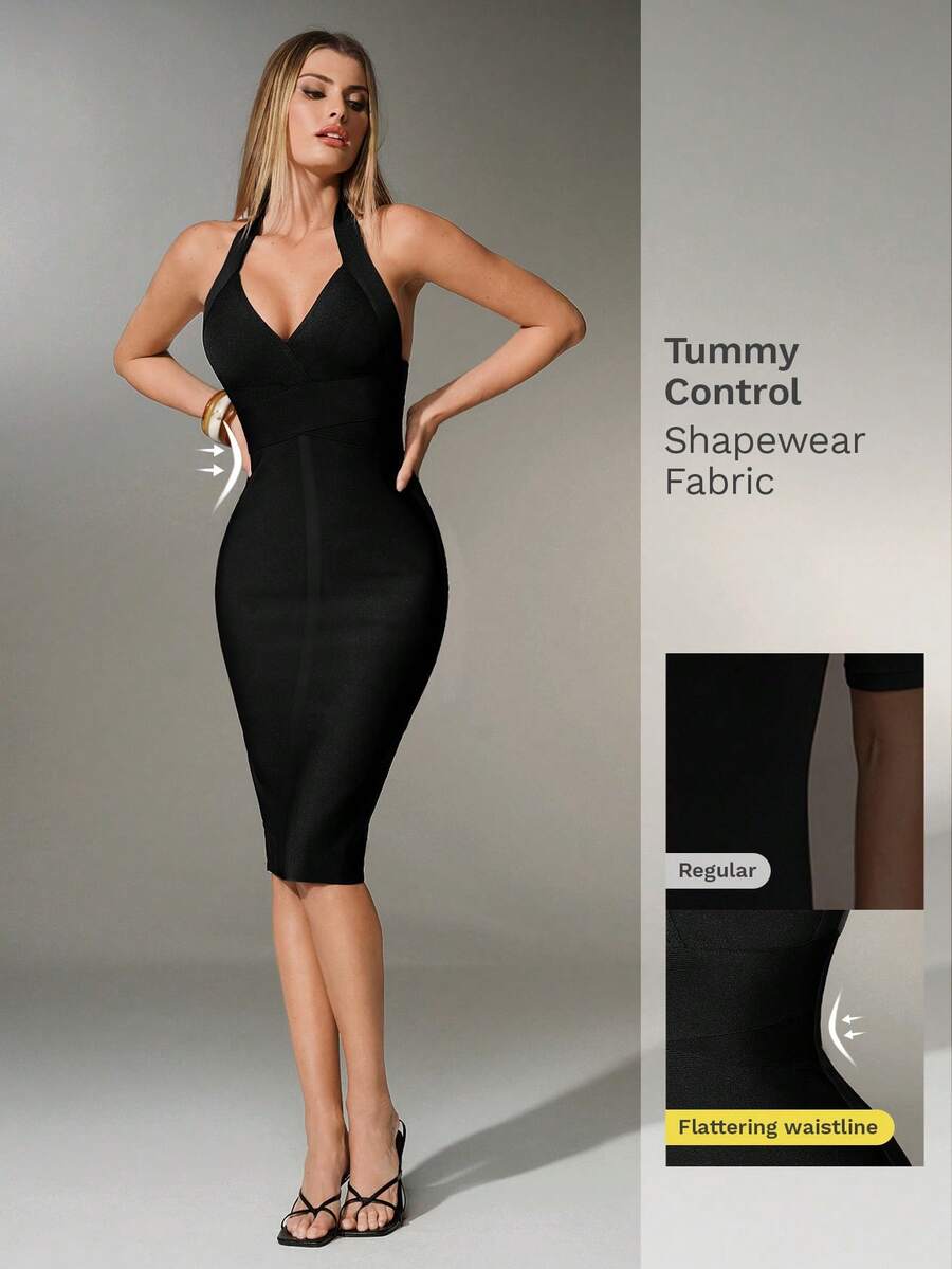 Nuvra Charming Vacation Flattering Curve Halter Deep V-Neck Cinched Waist Bodycon Solid Color Knit Party Cocktail Dress - Black - View 1