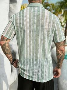 VENTUSAIL Men's Contrast Stripe Print Button Front Casual Short Sleeve Shirt, Holiday - Green - View 2