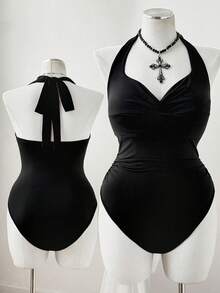 Flirla Bodysuit Kasual Wanita Ukuran Besar dengan Leher V dan Detail Putaran di Bagian Depan, Seksi dan Minimalis, Musim Semi/Panas - Hitam - View 2
