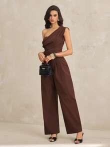 SHEIN Tall Mono elegante de mujer en tonos albaricoque y marrón, mono de verano para fiesta con escote asimétrico, drapeado, sin tirantes, de pierna ancha, sin mangas, para vacaciones, para mujeres altas - Marrón - Ver 4