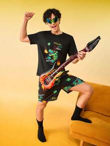 Notgurli Set pigiama uomo con pantaloncini e maglietta a maniche corte con stampa, collo rotondo - Multicolore - Visualizzare 1