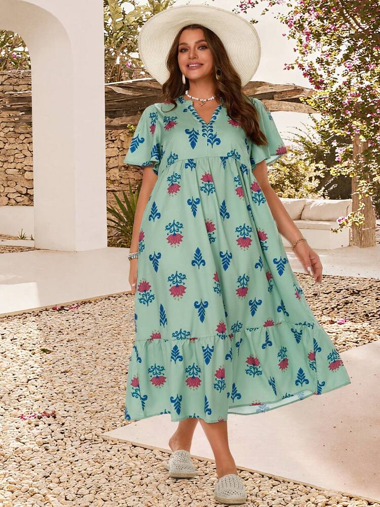 Plus Size Women's Vacation Placement Print Ruffle Sleeve Maxi Dress Brunch Dresses For Women Picnic Dresses For Women Spring Outfits For Women Dresses,Summer Outfits For Women, Vacation Outfits Women ,Summer Holiday Outfits ,Country Style For Women ,Floral Dress Zanzea Dress For Women Plus Size Zanea Dress For Woman Yisikado Dress